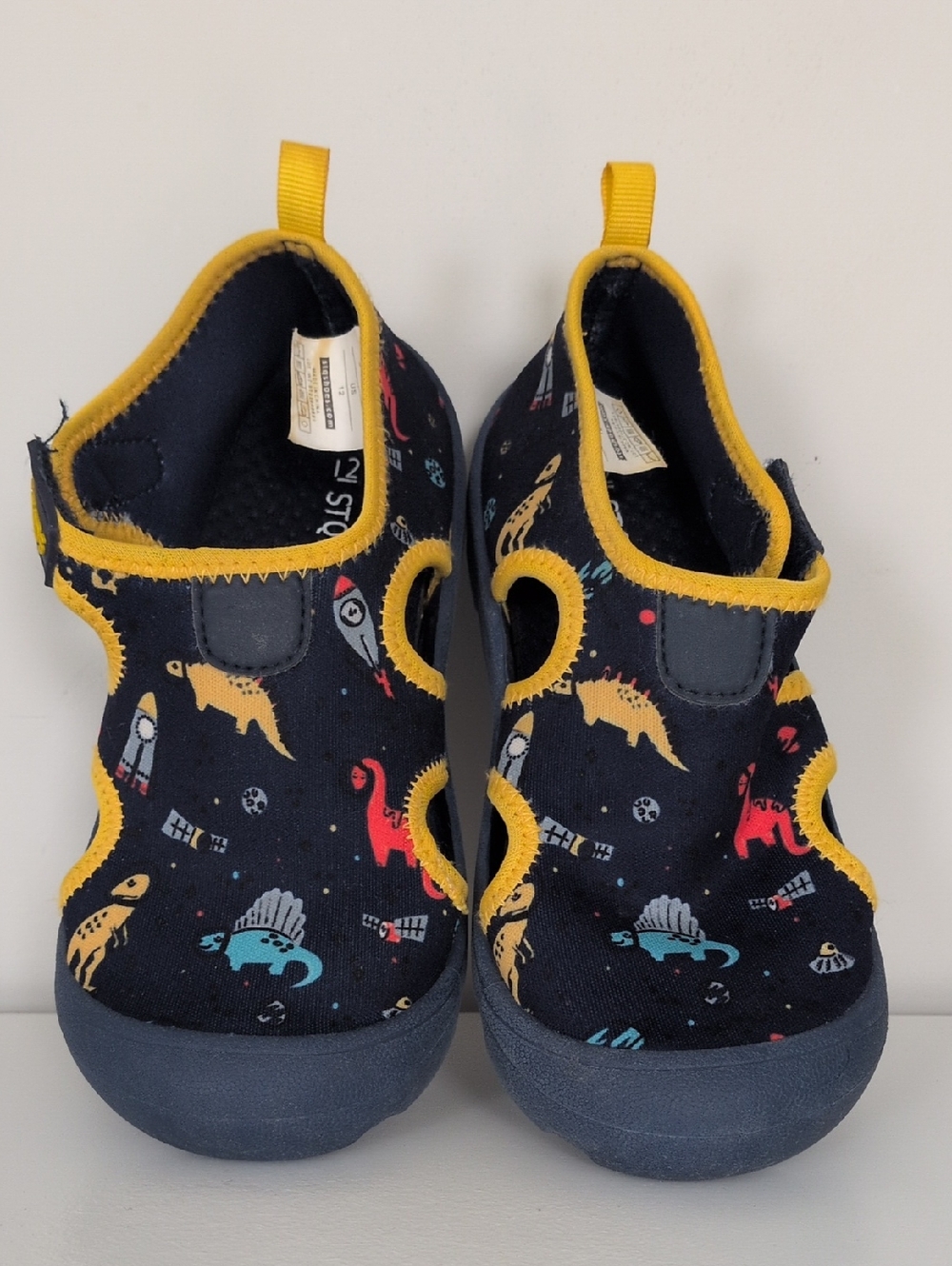 Kids Navy Dinosaur Water Shoes with Yellow Trim